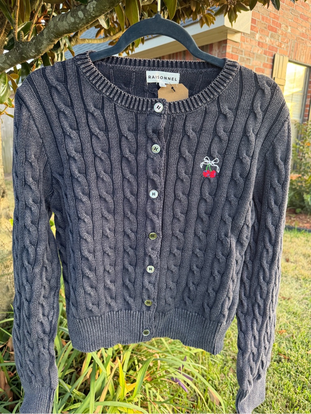 RAISONNEL Womens L Cable Knit Cardigan Gray Cherry Embroidered 100% Cotton